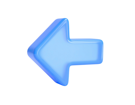 A 3D-rendered, glassy, blue arrow pointing left, isolated on a black background