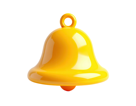 Glossy 3D illustration of a bright yellow bell, complete with loop, on black