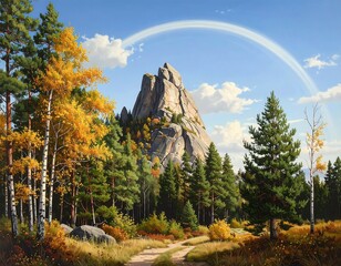 A picturesque autumnal landscape showcases a path winding through a forest, leading to a majestic granite peak under a vibrant blue sky adorned with a faint rainbow.