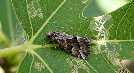 Moth Resting on Damaged Leaf - A Close-Up View.