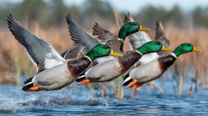 Obraz premium Mallard Ducks in Flight Over Water