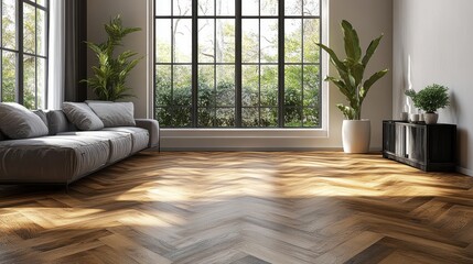 Fototapeta premium Bright living room with a gray couch and big windows overlooking greenery. Use for home design, real estate, or modern interior decoration projects.