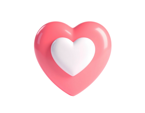 A glossy, pink heart with a white heart nested within, set against black