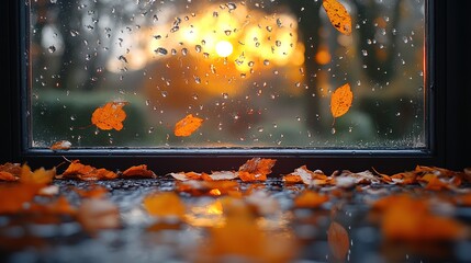 The view outside the window of falling leaves