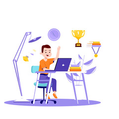Young boy at desk raising hand excited to learn with laptop and trophy symbol of achievement and success education and remote learning concept