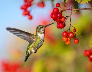 A hummingbird hovers near a cluster of vibrant red berries, showcasing its exquisite beauty and the vibrant autumnal colors of the surroundings.