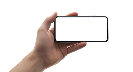 hand holding a smartphone in landscape mode with a blank screen for mockup. Isolated on transparent background, png
