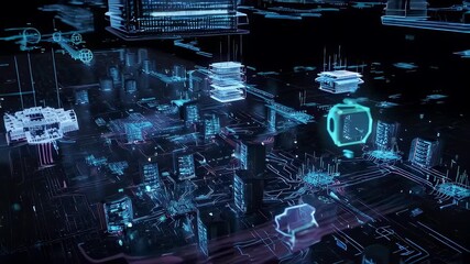Futuristic digital cityscape with servers, circuits, and data streams in blue and pink hues - Powered by Adobe
