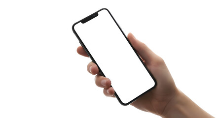 hand holding a smartphone with a blank screen for mockup. Isolated on transparent background, png
