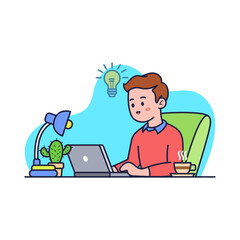 Young Man Working on Laptop with Desk Lamp and Cactus Creating Ideas with Lightbulb and Drinking Coffee