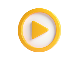 A vibrant yellow play button icon, white backing, and a glossy ring on black background