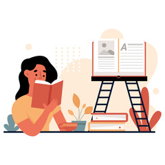 Young Woman Engaged In Reading A Book With An Open Large Book On A Ladder In A Warmly Lit Cozy Environment With Plants And Stacked Books