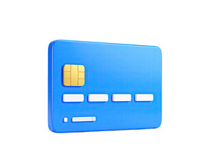 Cartoon rendering of a bright blue payment card with gold chip and white details