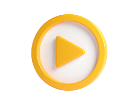A vibrant yellow play button icon, white backing, and a glossy ring on black background
