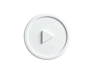 A white 3D render of a circular play button on a stark black background