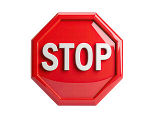 A 3D, glossy, octagonal sign with the word "STOP" in white, centered
