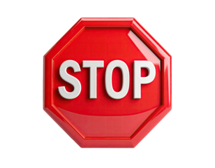 A 3D, glossy, octagonal sign with the word "STOP" in white, centered