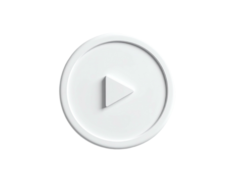 A white 3D render of a circular play button on a stark black background
