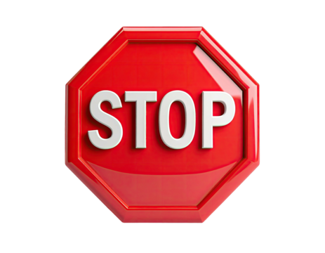 A 3D, glossy, octagonal sign with the word "STOP" in white, centered