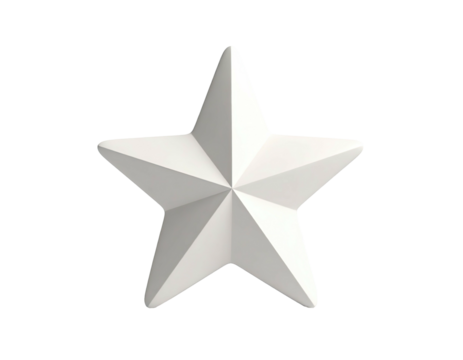 A glossy, 3D white star with five points on a black background