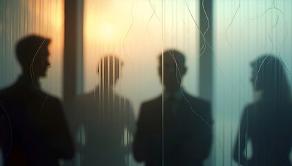Abstract blurred silhouettes of human figures seen through fluted glass, creating a mysterious and artistic effect with soft distortion and diffused light.