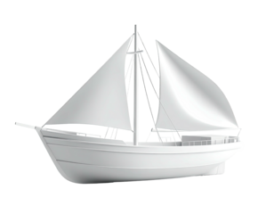 White sailboat angled with large sails, side view against a transparent background