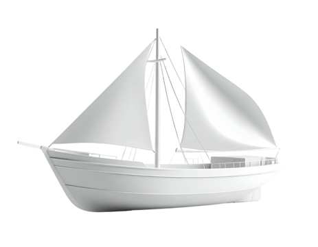 White sailboat angled with large sails, side view against a transparent background