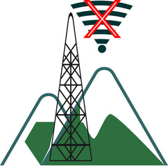 No Network in Mountainous Areas: A tower transmitting a signal with a red cross, indicating a lost connection.