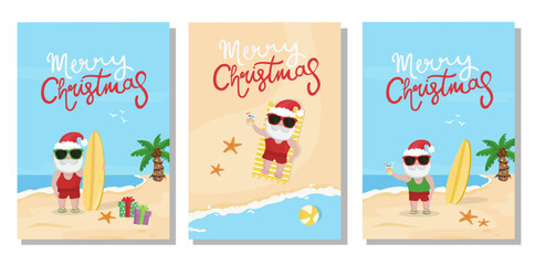 Set of Christmas at the beach, holidays cards. Tropical Christmas greeting card set with cute Santa Claus.	
