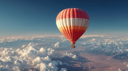 Obraz premium A vibrant hot air balloon floats above clouds and mountains under blue sky. Showcase adventure, travel, freedom, and inspiration in travel-related projects.