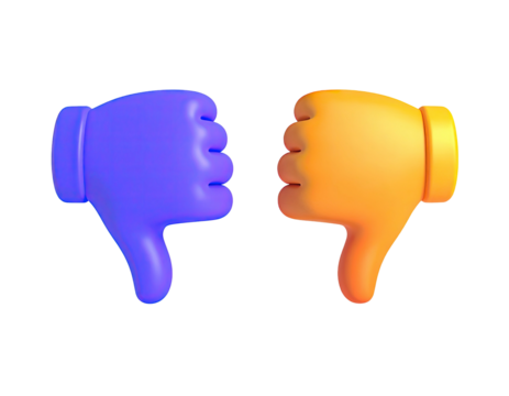 Two colorful hands, one blue, one orange, both with thumbs down, against black