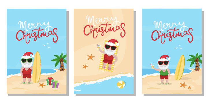 Set of Christmas at the beach, holidays cards. Tropical Christmas greeting card set with cute Santa Claus.	
 - Powered by Adobe