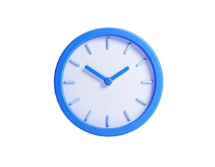 A 3D-rendered blue and white clock face isolated on a stark black background