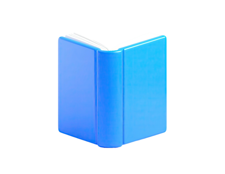 A vibrant blue, open book with white pages, set against a dark backdrop
