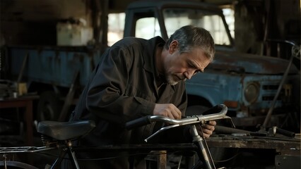 Man working on a bicycle in a rustic workshop with vintage vehicles in the background