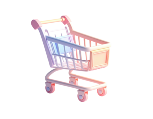 A stylized, pastel shopping cart with soft shadows and gradients against black