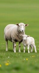 Ewe and Lamb Grazing in a Green Meadow.