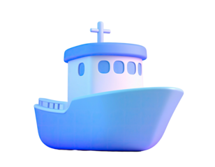 A 3D cartoonish vessel rendered in blue gradients against a black background