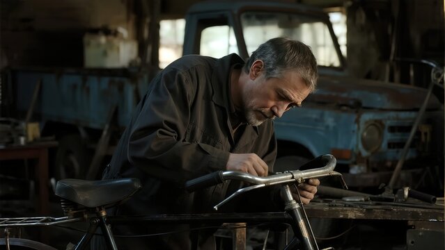 Man working on a bicycle in a rustic workshop with vintage vehicles in the background