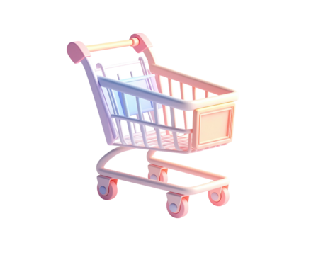 A stylized, pastel shopping cart with soft shadows and gradients against black - Powered by Adobe