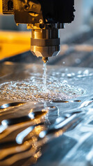 Close-up of white, gold, and silver CNC machining with water jet cutting, highlighting precision, innovation, industrial craftsmanship, and sustainable modern manufacturing.
