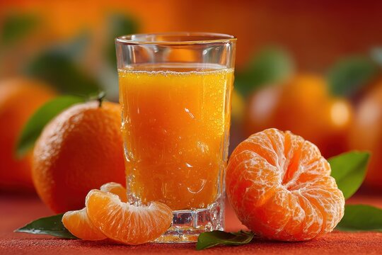 Glass of orange juice with mandarin slices on display
