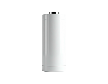 A clean, white cylindrical power cell stands against a stark black background