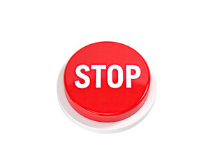 A shiny, red circular button with the word "STOP" in white, set on a black backdrop