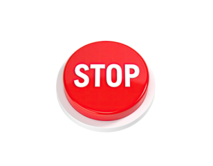 A shiny, red circular button with the word "STOP" in white, set on a black backdrop