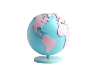 3D render of a colorful globe with continents in pink and oceans in blue