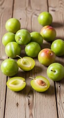 Fresh Green Plums on Rustic Wooden Surface - A Vibrant Fruit Display.