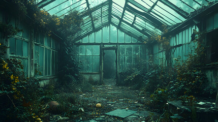 Abandoned overgrown greenhouse interior view