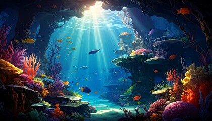 A vibrant underwater scene showcasing a colorful coral reef teeming with fish, bathed in sunlight filtering through an archway.