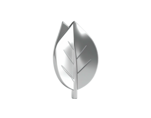 Shiny, silvery leaf emblem with dark background, highlighting natural form